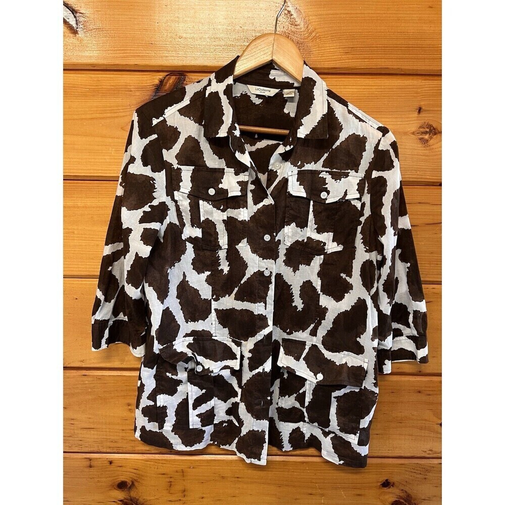 Liz Claiborne women's white brown giraffe spot button up pocket blouse Sz L